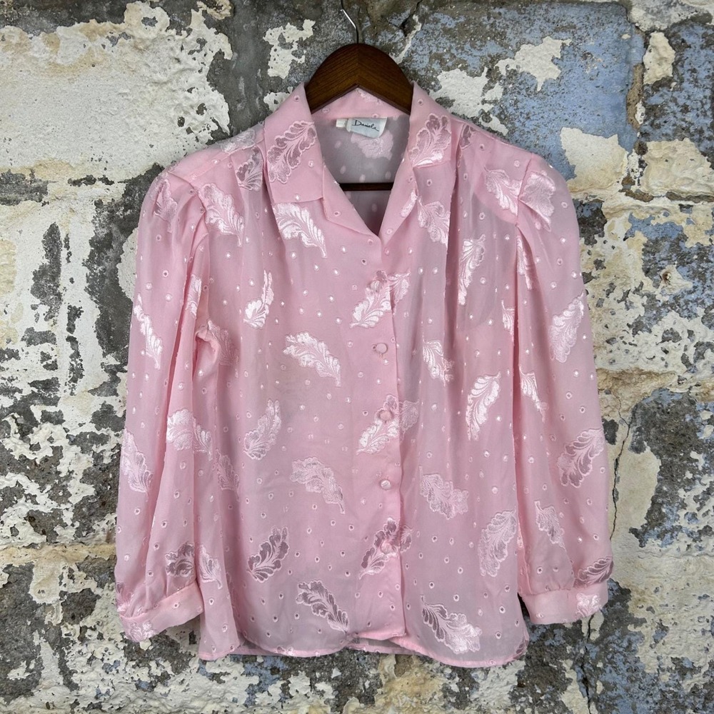 Vintage Daniela Pink Sheer Blouse Jacquard Leaf Swiss Dot Button Up USA Made L